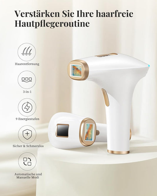 Depiladora Láser IPL Sin Dolor-Depiladora de Luz Pulsada 3 Funciones Avanzadas (HR/SC/RA), Depilacion Laser 9 Niveles de Energía para Mujeres y Hombres, Ideal para Rostro, Bikini y Cuerpo
