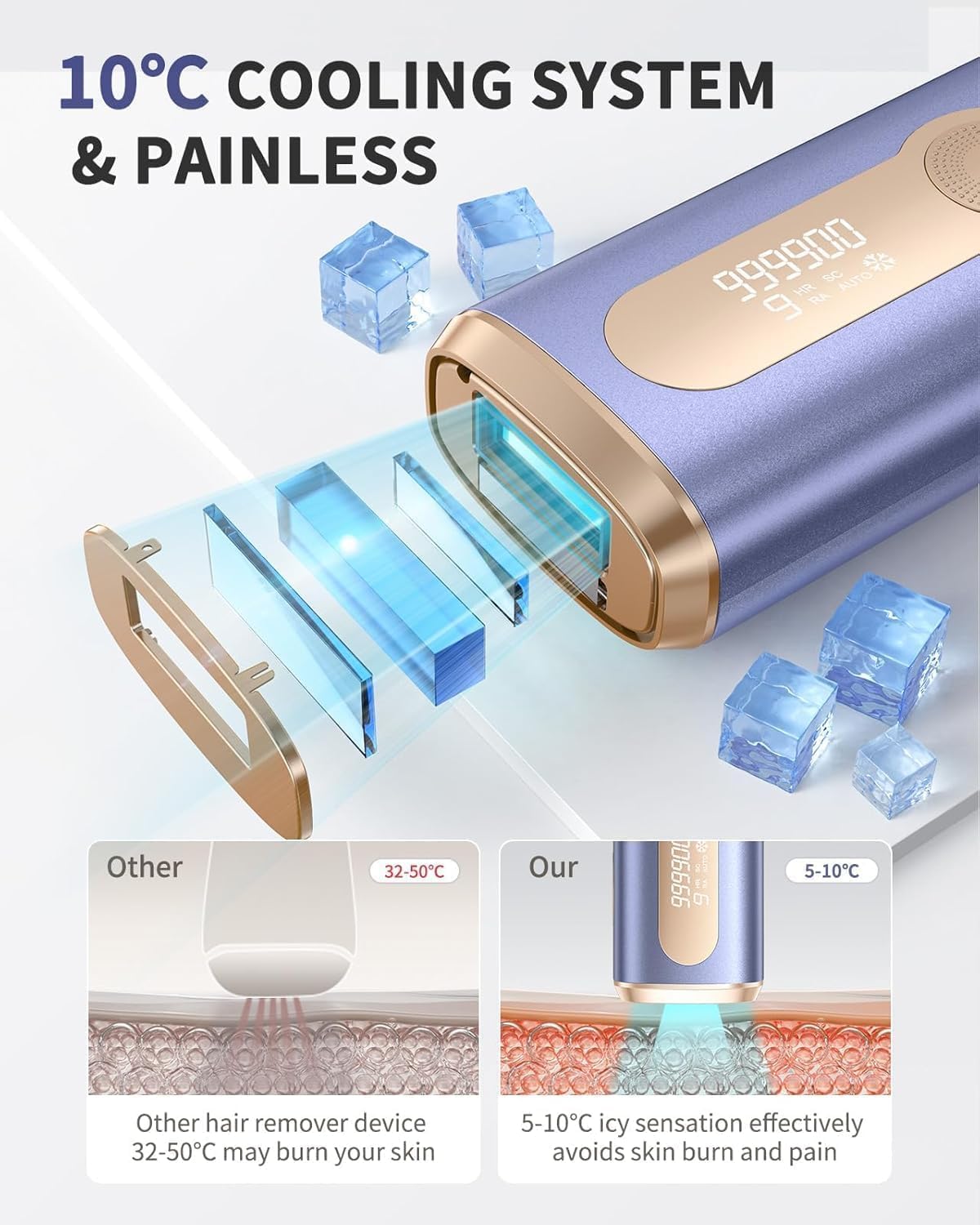 Depiladora Laser IPL con Refrigeración, 9 Niveles de Energía, 3 en 1 Innovadora Función