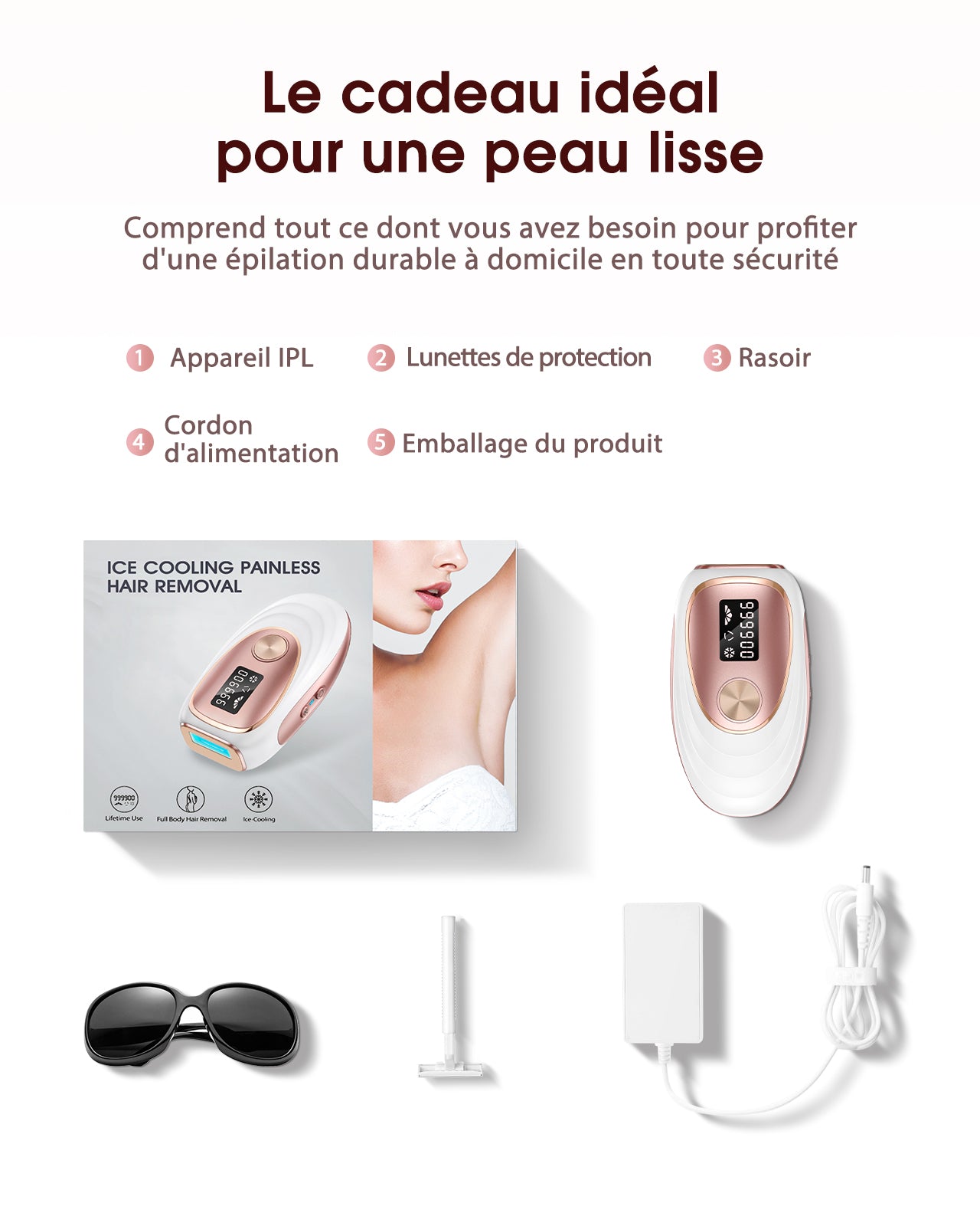 Haarlosy Épilateur Lumière Pulsée de Refroidissement, 999,900 Flashes IPL Laser Épilateur Definitive, 2 Modes 5 Niveaux Énergie Épilation Laser pour Visage/Corps/Maillot/Aisselles